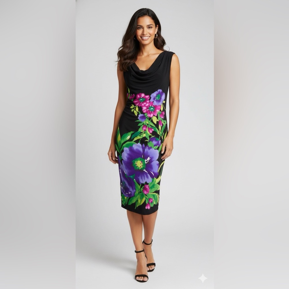Ronnie Nicole, black midi dress, cowl neck, levelers, floral, side ruching, 6